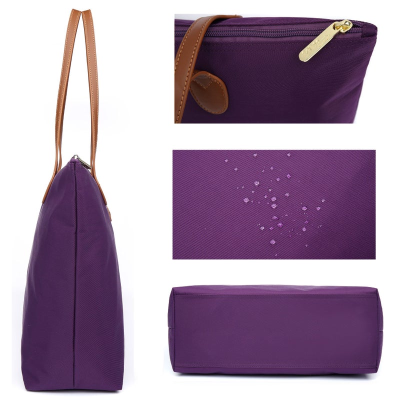 NNEE Water Resistant Light Weight Nylon Tote Bag Handbag - Medium Size, Purple - Image 3